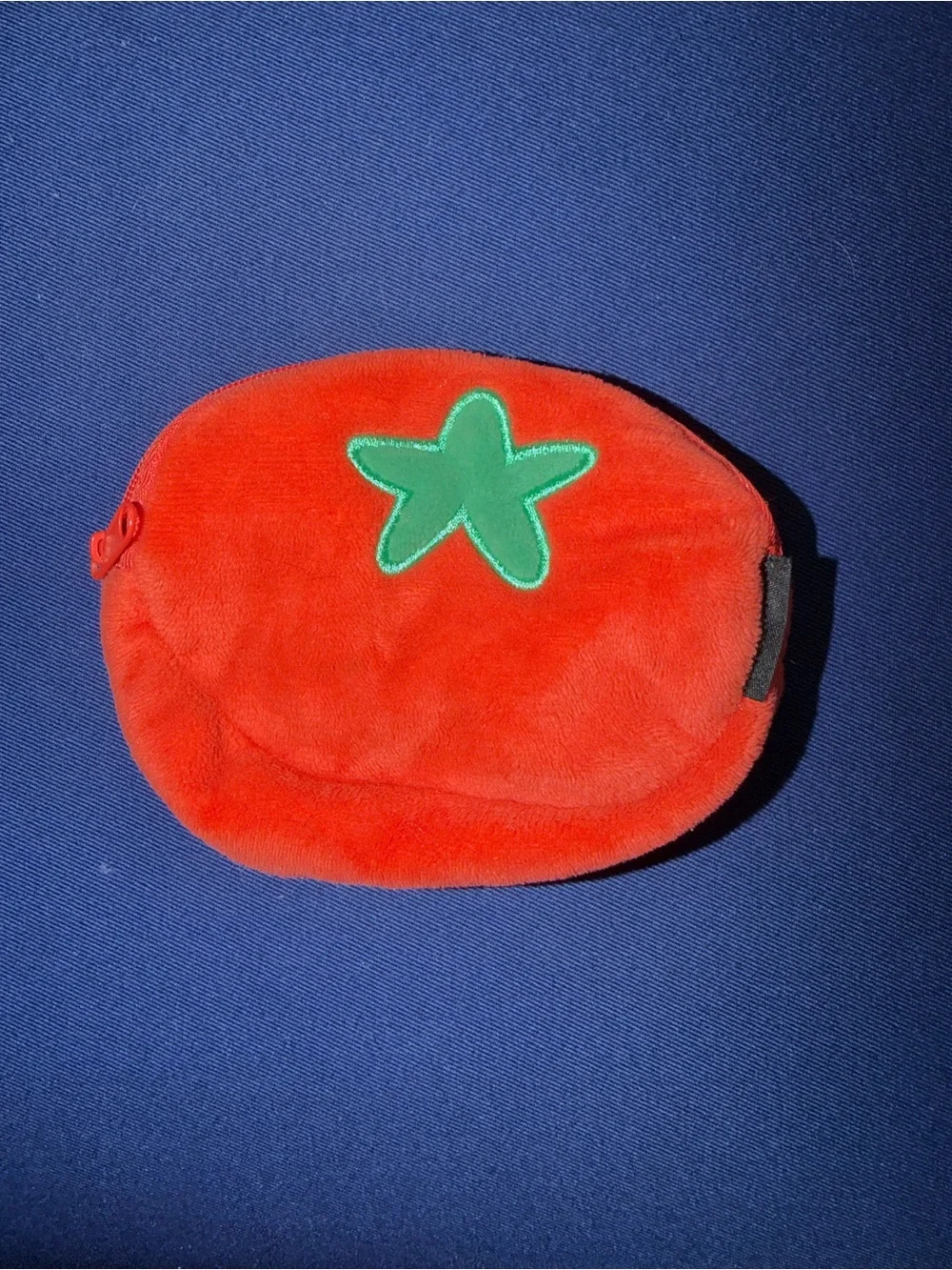 SHEIN Red Plush Tomato Coin Pouch with Green Embroidered Top